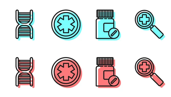 Set Line Flacon Pilules Médecine Symbole Adn Symbole Médical Urgence — Image vectorielle