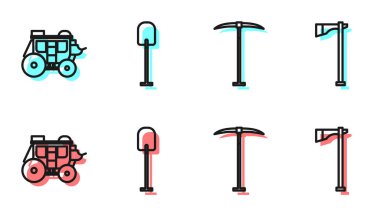 Çizgi Kazma, Batı posta arabası, Kürek ve Tomahawk balta ikonu. Vektör