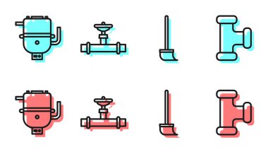 Hat paspası, ısıtma suyu için elektrikli kazan, sanayi borusu, valf ve endüstriyel metalik boru ikonu. Vektör