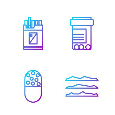 Kokain ya da eroin, ilaç hapı ya da tablet, açık sigara paketi, ilaç şişesi ve haplar. Renk simgeleri. Vektör