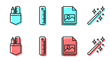 Çizgi Resim Alanı, çapraz cetvel ve kalem, Cetvel ve Sihirli değnek simgesi. Vektör