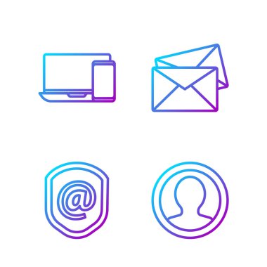 Satır Oluştur Hesap Ekranı, Posta ve e-posta ile Kalkan, Monitör ve telefon ve Envelope. Renk simgeleri. Vektör