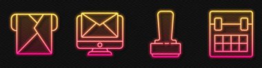 Damga, Zarf, Monitör, Zarf ve Takvim 'i ayarla. Parlayan neon ikonu. Vektör