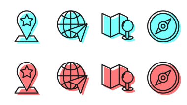 Çizgi Katlanmış Haritayı pimi ile, Harita işaretçisini yıldızla, Globe 'u uçan uçakla ve pusula simgesiyle ayarla. Vektör