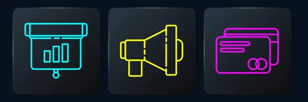 Definir Linha Gráfico Gráfico Diagrama Infográfico Cartão Crédito Megafone Botão — Vetor de Stock