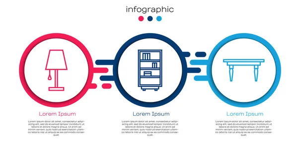 Definir Linha Lâmpada Mesa Estante Biblioteca Mesa Madeira Modelo Infográfico — Vetor de Stock