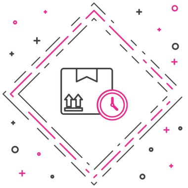 Çizgi karton kutu ve hızlı dağıtım simgesi beyaz arka planda izole edildi. Kutu, paket, paket işareti. Teslimat ve ambalaj. Renkli taslak konsepti. Vektör İllüstrasyonu