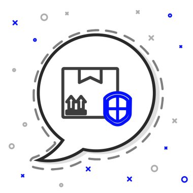 Beyaz arka planda kalkan simgesi olan hat teslimat paketi güvenliği. Teslimat sigortası. Kalkanın ötesinde sigorta kutuları var. Renkli taslak konsepti. Vektör İllüstrasyonu