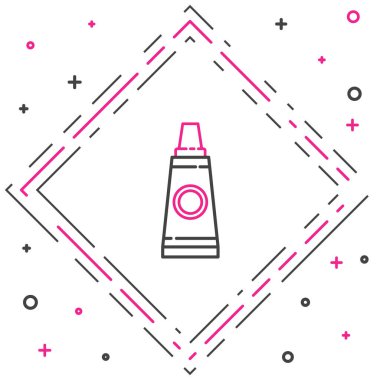 Beyaz arkaplanda izole edilmiş boya palet simgesine sahip çizgi tübü. Renkli taslak konsepti. Vektör İllüstrasyonu