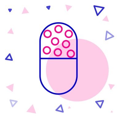 Beyaz arka planda izole edilmiş çizgi ilacı veya tablet ikonu. Kapsül hapı ve uyuşturucu işareti. Eczane tasarımı. Renkli taslak konsepti. Vektör İllüstrasyonu