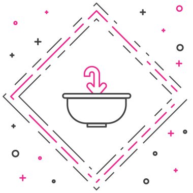 Beyaz arka planda su musluğu ikonu olan çizgi yıkama kabini. Renkli taslak konsepti. Vektör İllüstrasyonu