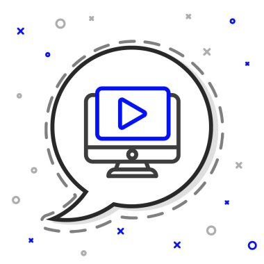 Line Online video simgesi beyaz arkaplanda izole edildi. Bilgisayar monitörü ve oyun işaretli film şeridi. Renkli taslak konsepti. Vektör İllüstrasyonu