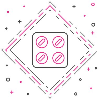 Kabarcık torbası ikonundaki çizgi hapları beyaz arka planda izole edilmiş. İlaç paketi. Tablet, vitamin, antibiyotik, aspirin. Renkli taslak konsepti. Vektör İllüstrasyonu