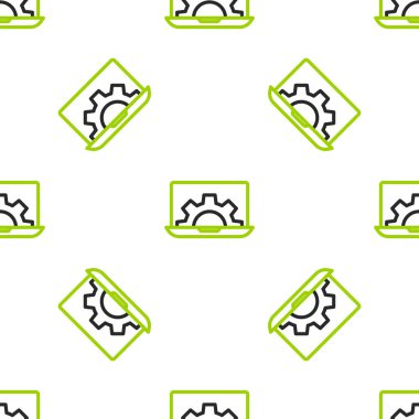 Çizgi dizüstü bilgisayar ve dişli simgesi beyaz arkaplanda izole edilmiş kusursuz desen. Uygulama ayarlanıyor, seçenekler ayarlanıyor, bakım, onarım, onarım. Vektör İllüstrasyonu