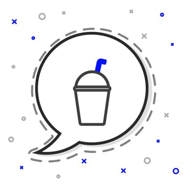 Beyaz arkaplanda çizgi milkshake simgesi izole edildi. Kapaklı ve samanlı plastik bardak. Renkli taslak konsepti. Vektör İllüstrasyonu