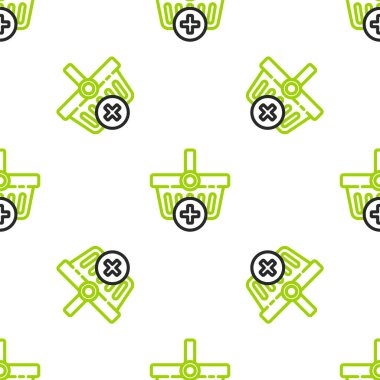 Alışveriş sepeti simgesine satır ekle beyaz arkaplanda izole edilmiş pürüzsüz desen. İnternetten satın alma konsepti. Teslimat servisi. Süpermarket sepeti sembolü. Vektör İllüstrasyonu