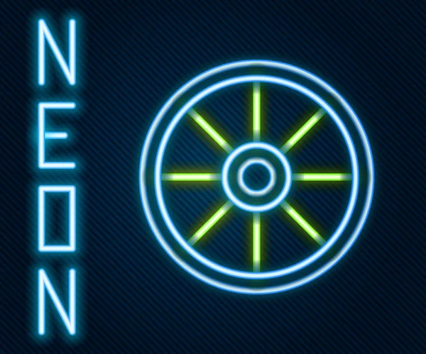 Glödande Neon Line Gamla Trä Hjul Ikon Isolerad Svart Bakgrund — Stock vektor