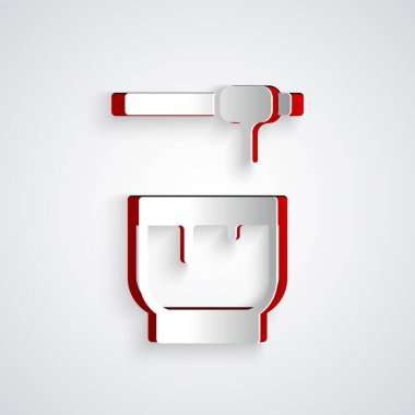 Kağıt kesiği Bal Dipper çubuğu ve bovling ikonu gri arka planda izole edilmiş. Tatlı kepçe. Kağıt sanatı tarzı. Vektör İllüstrasyonu