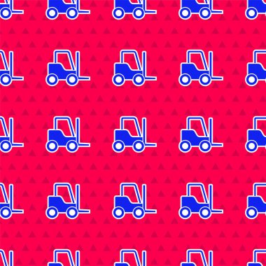 Mavi Forklift kamyon simgesi kırmızı arka planda izole edilmiş. Çatal doldurucu ve karton kutu. Kargo teslimatı, nakliye, ulaşım. Vektör İllüstrasyonu