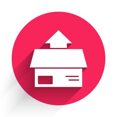 Uzun gölgeli beyaz karton kutu simgesi. Kutu, paket, paket işareti. Teslimat ve ambalaj. Kırmızı daire düğmesi. Vektör İllüstrasyonu