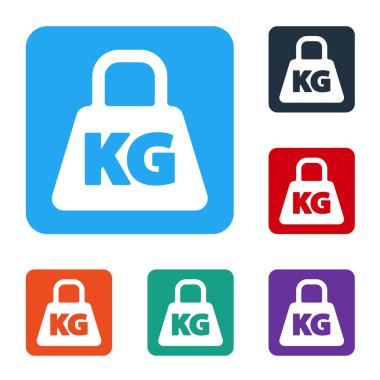 Beyaz Ağırlık simgesi beyaz arkaplanda izole edildi. Kilogram ağırlık kaldırmak ve ölçmek için ağırlık bloğu. Kütle sembolü. Renkli kare düğmelerle simgeleri ayarla. Vektör İllüstrasyonu