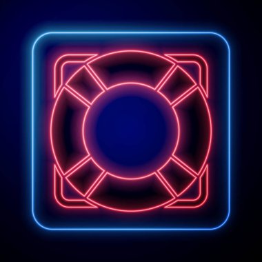 Parlayan neon rengi Lifebuoy simgesi mavi arkaplanda izole edildi. Can simidi sembolü. Vektör İllüstrasyonu
