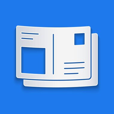 Kağıt kesimi pasaport ve mavi arka planda izole edilmiş vize damgası simgesi. Kimlik Belgesi. Kağıt sanatı tarzı. Vektör İllüstrasyonu