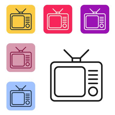 Siyah çizgi Retro TV simgesi beyaz arkaplanda izole edildi. Televizyon tabelası. Renkli kare düğmelerle simgeleri ayarla. Vektör İllüstrasyonu