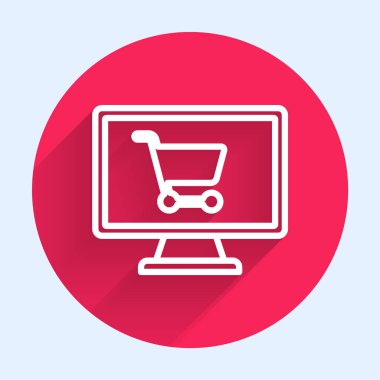 Ekran bilgisayarındaki beyaz çizgi alışveriş arabası uzun gölgeli izole edilmiş. Konsept e-ticaret, e-ticaret, online iş pazarlama. Kırmızı daire düğmesi. Vektör İllüstrasyonu