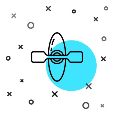 Siyah çizgi kano ve kürek simgesi beyaz arkaplanda izole edildi. Balıkçılık ve turizm için kano. Açık hava aktiviteleri. Rastgele dinamik şekiller. Vektör İllüstrasyonu