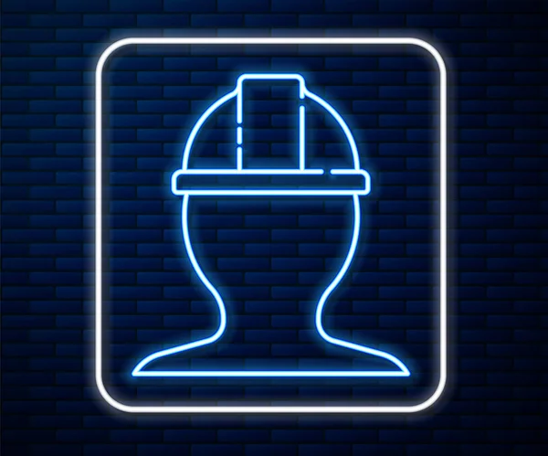 Gloeiende Neon Lijn Werknemer Veiligheidshelm Pictogram Geïsoleerd Baksteen Muur Achtergrond — Stockvector