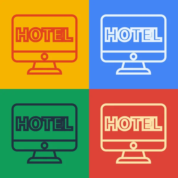 Pop Art Linie Online Hotelbuchungssymbol Isoliert Auf Farbigem Hintergrund Online — Stockvektor