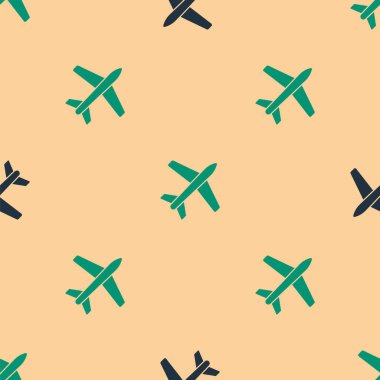 Yeşil ve siyah düzlem simgesi, bej arkaplandaki kusursuz deseni izole etti. Uçan uçak ikonu. Uçak tabelası. Vektör İllüstrasyonu.