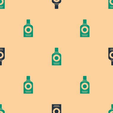 Yeşil ve siyah güneş kremi ikonu bej arka planda izole edilmiş pürüzsüz desen. Cilt için güneş ultraviyole ışığından koruma. Vektör İllüstrasyonu.