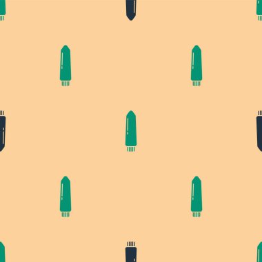 Green and black Dildo vibrator for sex games icon isolated seamless pattern on beige background. Sex toy for adult. Vaginal exercise machines for intimate.  Vector Illustration.