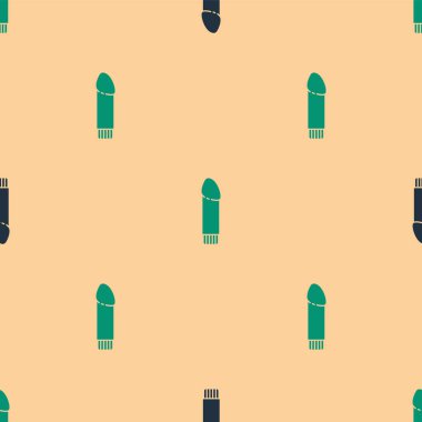 Green and black Dildo vibrator for sex games icon isolated seamless pattern on beige background. Sex toy for adult. Vaginal exercise machines for intimate.  Vector Illustration.