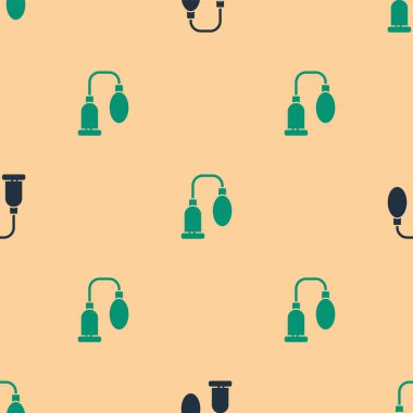 Green and black Penis pump icon isolated seamless pattern on beige background. Penis enlarger. Sex toy for men. Vacuum pump with a blower to increase the penis.  Vector Illustration.