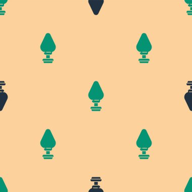 Green and black Anal plug icon isolated seamless pattern on beige background. Butt plug sign. Fetish accessory. Sex toy for men and woman.  Vector Illustration.