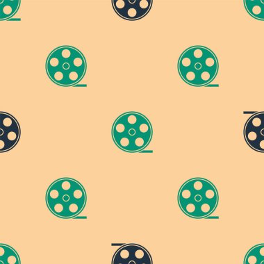 Yeşil ve siyah film makarası ikonu, bej arkaplandaki kusursuz deseni izole etti. Vektör İllüstrasyonu.