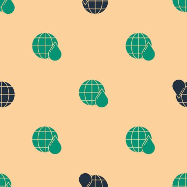 Su damlası ikonundaki yeşil ve kara dünya gezegeni bej arka planda izole edilmiş pürüzsüz desen. Su tasarrufu ve dünya çevre koruma. Vektör İllüstrasyonu.