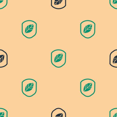 Yeşil ve siyah Kalkan, yaprak simgesiyle izole edilmiş, bej arka planda pürüzsüz desen. Yapraklı çevre dostu güvenlik kalkanı. Vektör İllüstrasyonu.