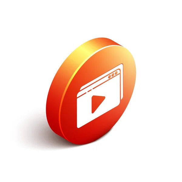 アイソメトリックオンラインは 白い背景に隔離されたビデオアイコンを再生します プレイサイン付きのフィルムストリップ オレンジ色の丸ボタン ベクターイラスト — ストックベクタ