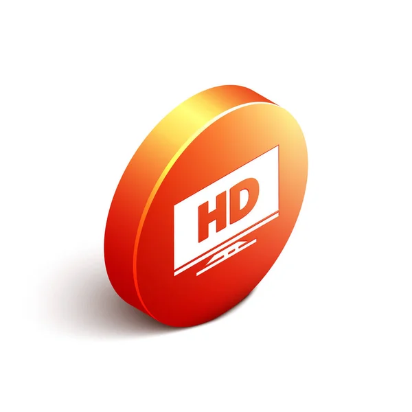 白い背景に隔離されたHdビデオ技術アイコンとアイソメトリックスマートディスプレイ オレンジ色の丸ボタン ベクターイラスト — ストックベクタ