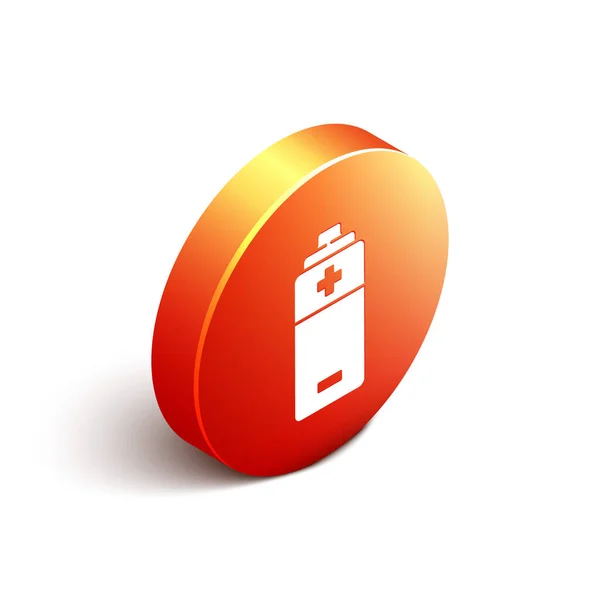Isometrisch Batterijpictogram Geïsoleerd Witte Achtergrond Bliksemschicht Symbool Oranje Cirkel Knop — Stockvector