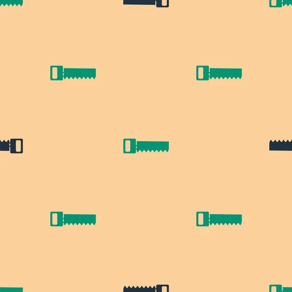 Зеленый Черный Значок Ручной Пилы Изолированный Бесшовный Узор Бежевом Фоне — стоковый вектор