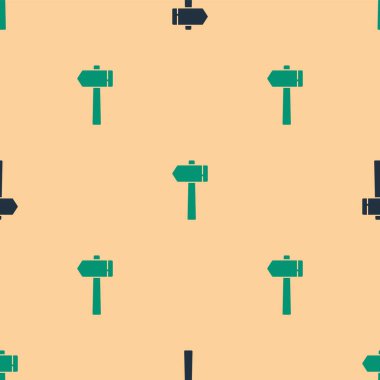 Yeşil ve siyah çekiç simgesi, bej arkaplandaki kusursuz deseni izole etti. Tamir için bir araç. Vektör İllüstrasyonu.