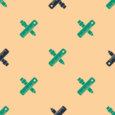 Yeşil ve siyah çapraz cetvel ve kalem simgesi bej arka planda izole edilmiş pürüzsüz desen. Düz sembol. Çizim ve eğitim araçları. Vektör İllüstrasyonu.