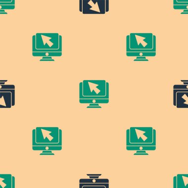 Yeşil ve siyah Bilgisayar monitörü ve imleç simgesi bej arkaplanda izole edilmiş kusursuz desen. Boş ekran işaretli bilgisayar defteri. Vektör İllüstrasyonu.