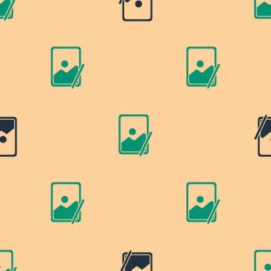 Yeşil ve siyah grafiksel tablet simgesi bej arkaplandaki kusursuz deseni izole etti. Vektör İllüstrasyonu.