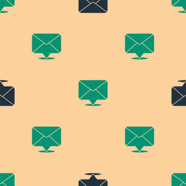 Yeşil ve siyah Zarf simgesi, bej arkaplandaki kusursuz deseni izole etti. E- posta mektup sembolü. Vektör İllüstrasyonu.